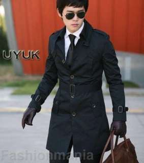 Mens Single Breasted Belt Collar Trench Coat Black W11  