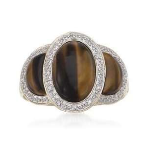  Three Stone Tigers Eye Cabochon and Diamond Ring In 14kt 