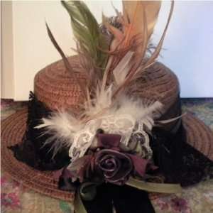 Victorian/steampunk Purple Rose / Black Lace Design on Brown Straw Hat