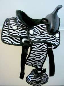 Black Synthetic Western kid PONY Saddle 10 Zebra Print  