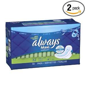 Always Maxi Long/Super with Wings, Unscented Pads, 32 Count (Pack of 2 
