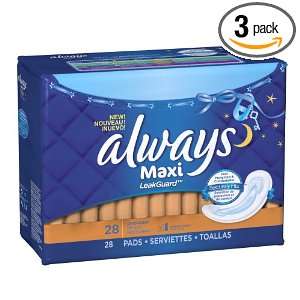 Always Maxi Overnight Without Wings, Unscented Pads, 28 Count Packages 
