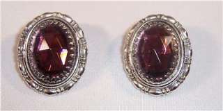 Giant purple stone bracelet, pendant & earrings Filigree silver tone 