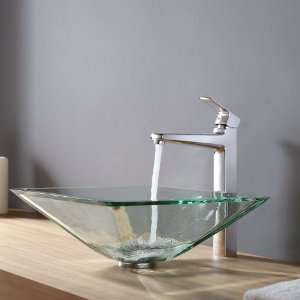    15500CH Clear Aquamarine Glass Vessel Sink and Virtus Faucet, Chrome