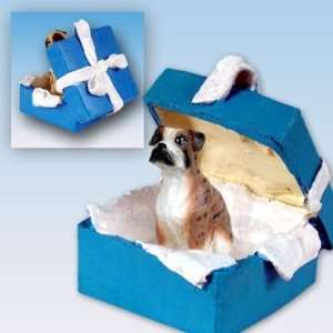   Blue Gift Box Dog Ornament   Uncropped Ears   Brindle