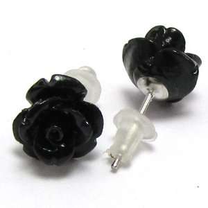  10mm coral carved rose flower earring pair black