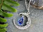 Celestial crescent moon face necklace   silver, sapphire blue 