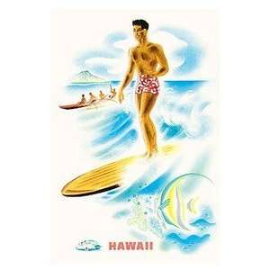  Hawaii Poster Surfer & Outrigger 12 inch by 18 inch