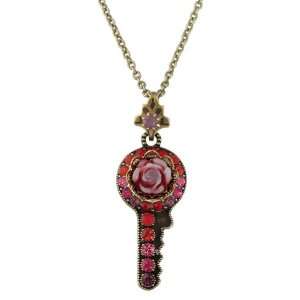Michal Negrin Awesome Key Shaped Pendant Ornate with Vintage Rose, Red 