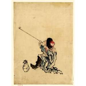 1830 Japanese Print . A traveler, seated, wearing a robe, boots, and 