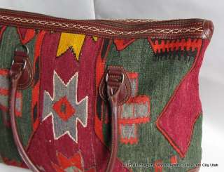 Medium Travel Bag Made w Leather Antique Kilim Turkish  