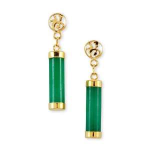  14k Yellow Gold Prosperity Dangle Green Jade Earrings 
