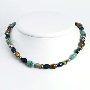   Silver Grey & Green Cultured Pearls/Turquoise Necklace Jewelry
