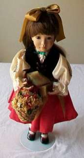 Linda Mann Porcelain Doll 16 w/stand & Flower Basket  
