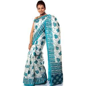 Water and Ice Floral Printed Sari from Kolkata with Sequins and Golden 