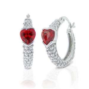 Bling Jewelry Bali Sterling Silver Garnet Color Heart CZ Hoop Earrings