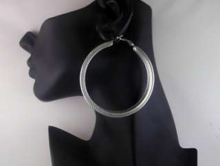 5cm silver tone square tubed patterned hoop earrings (12092)  