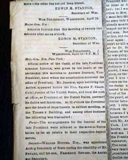 1865 ABRAHAM LINCOLN ASSASSINATION Civil War Ending in New York Times 