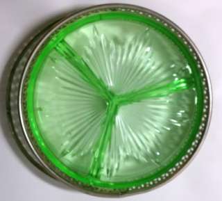 Green DEPRESSION Candy Dish or Condiment Dish with silver basket 