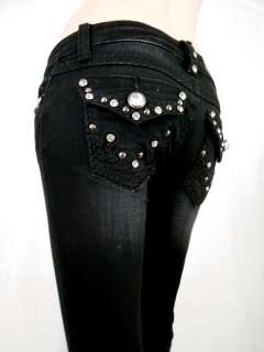 Women LA Idol Skinny Jeans Black Tribal Tattoo Crystal Flap Pockets 0 