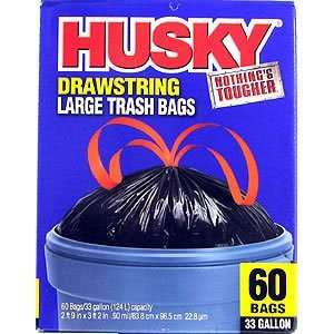  Husky Drawstring Trash Bags, Black 33 Gal Patio, Lawn 