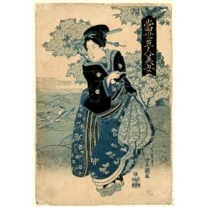  1830 Japanese Print woman holding a pipe (kiseru). Kiseru 