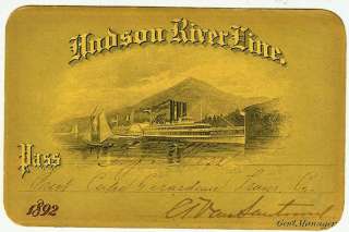 HUDSON RIVER LINE 1892 steamship pass New York State  