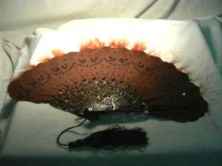 VICTORIAN, INLAID HORN RIB, CLOTH & FEATHER FAN, STEEL PATTERNED 