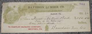 Davidson Lumber Co. Bedford PA Hartley Bank Check 1915  