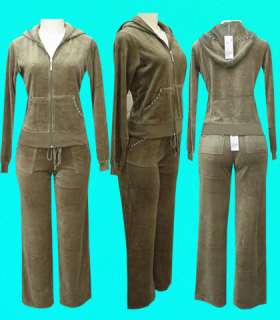 NWT Rhinestone Hooded Velour 2pcs Sweatsuit Set Olive S  