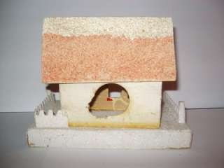 VINTAGE LARGE PUTZ MICA CHRISTMAS VILLAGE HOUSE RED ROOF/CLOCK FENCE 