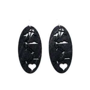  Black Satin Flying a Kite Wooden Earrings GTJ Jewelry