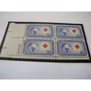 Plate Block of 4 $.03 Cent US Postage Stamps, International Red Cross 