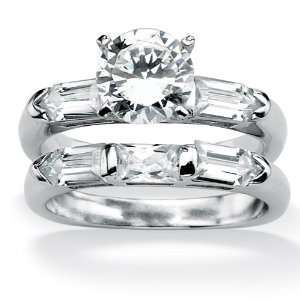 Platinum over Sterling Silver Round and Channel Set Emerald Cut 