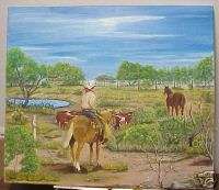 OIL PAINTING TEXAS COWBOY CHECKING HIS CATTLES  