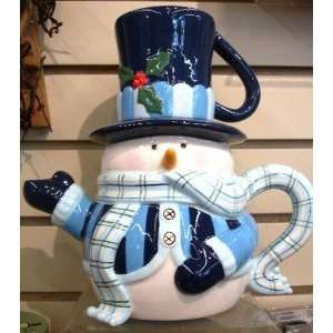  Blue Scarved Snowman Teapot and Mug Ceramic Christmas 