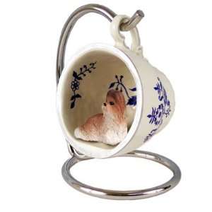 Shih Tzu Blue Tea Cup Dog Ornament   Brown & White