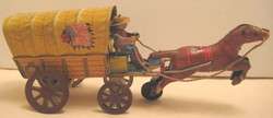Old Tin Friction Toy Covered Wagon w Mechanical Cowboy Driver Japan 
