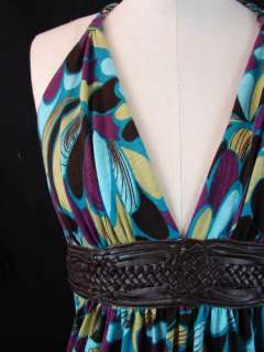 Womens Jaloux Leather Belted Halter Aqua Leaves top LG  