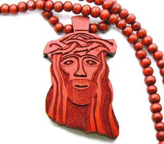 RED WOOD JESUS PIECE CHAIN CHRIST GOD PENDANT WOODEN BEAD NECKLACE 