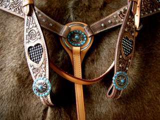 BRIDLE BREAST COLLAR WESTERN LEATHER HEADSTALL TACK TURQUOISE CRYSTALS 