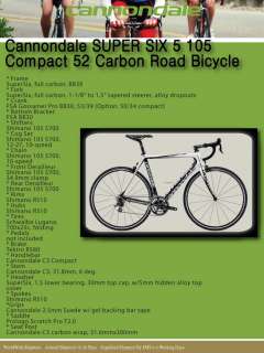 Cannondale Super Six 5 105 Compact 52 Carbon Road Bike Bicycle 