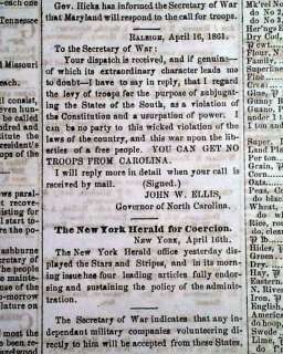 CONFEDERACY Civil War Fort Sumter ATTACK 1861 Newspaper  