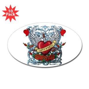 Sticker (Oval) (10 Pack) Love Hurts with Sword Heart Thorns and Roses