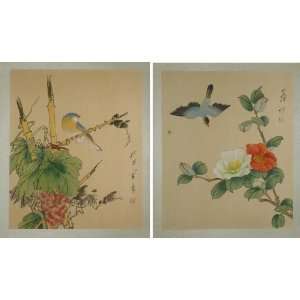   vintage brush painting / sumi with birds and flowers