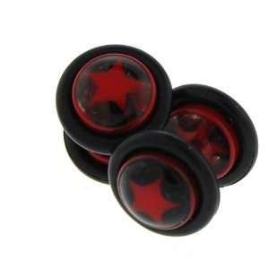 Fake Acrylic Plugs  Red/Black with Red Star 16g Wire; 8mm   Sold as a 