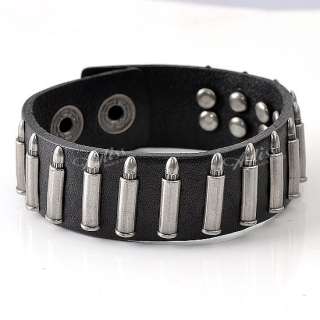 Black Leather Bullet Mens Fashion Bracelet Belt Cuff Jewelry  
