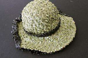 VINTAGE 1950S 60S WOVEN STRAW HAT GREEN & BLACK  