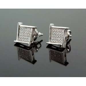  White Square Spikes White Crystal Micro Pave Unisex Mens Stud Earrings