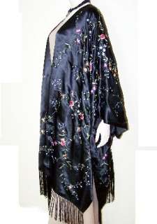 Caftan Kimono Duster Embroidered Silk Charmeuse Fringed & Lined NEW 